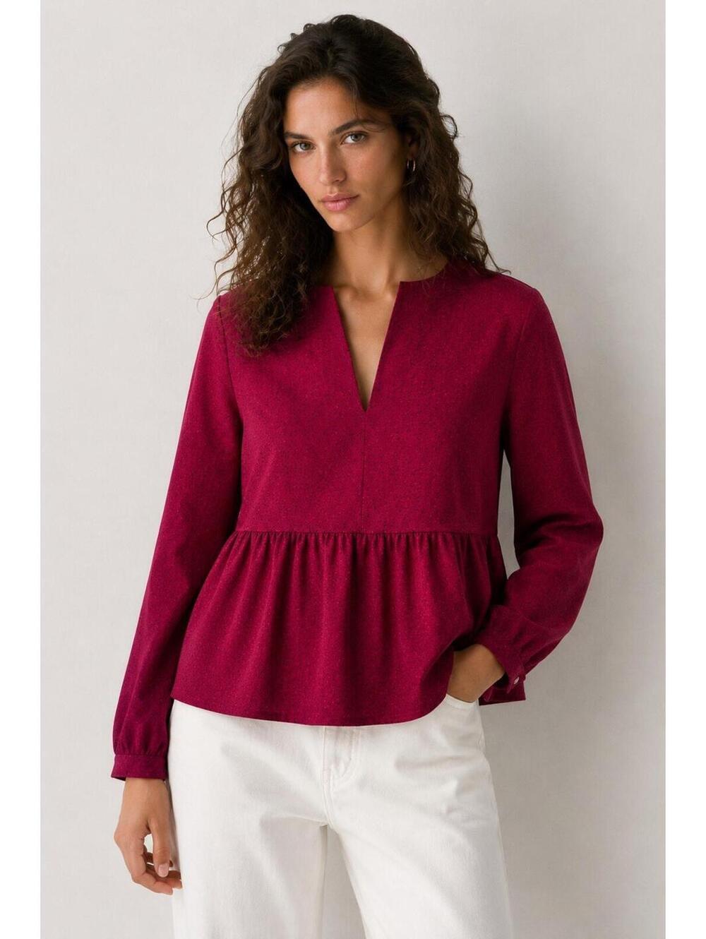 FRNCH Margot Peplum Blouse Medium Pink Black Speckled Keyhole Long Sleeve
